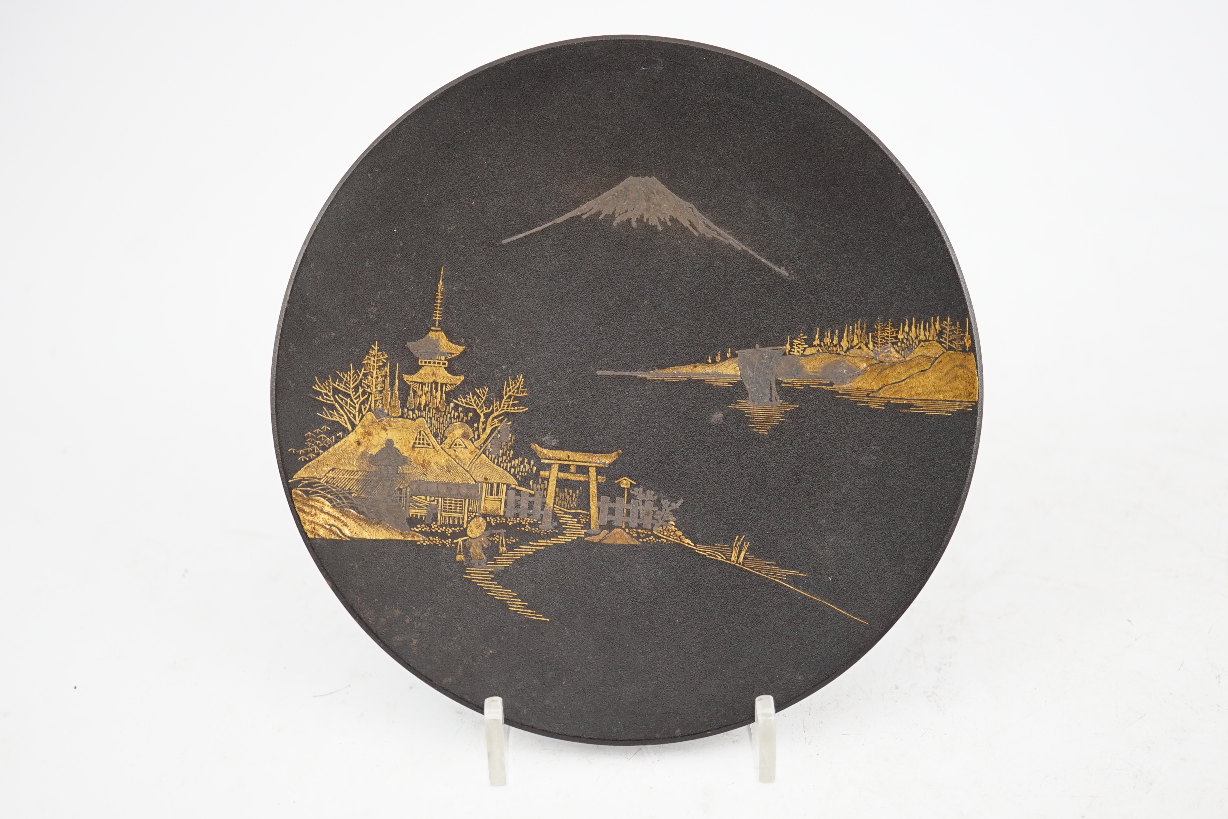 A Japanese damascened iron dish by Ohayo Shoten and a similar small circular box, by Komai Otojiro, early 20th century